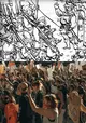 Collage einer Zeichnung aus der Weißenauer Chronik oben und Demonstrierenden unten.